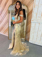 Gold Mermaid Off Shoulder Sequin Lace Prom Dress With Slit