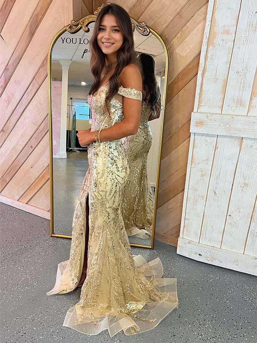Gold Mermaid Off Shoulder Sequin Lace Prom Dress With Slit