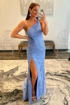 Mermaid One Shoulder Blue Long Lace Prom Evening Dress With Split