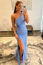 Mermaid One Shoulder Blue Long Lace Prom Evening Dress With Split