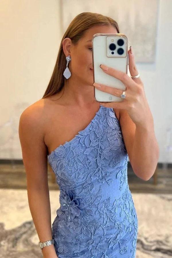 Meerjungfrau One-Shoulder-Blau Langes Spitzen-Abschlussball-Abendkleid mit Schlitz