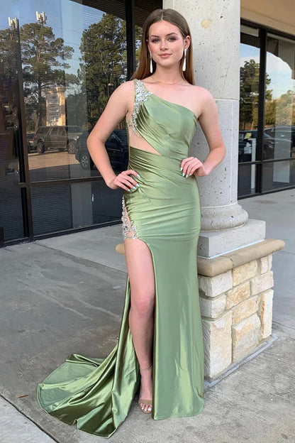 Vestido de fiesta de sirena de satén verde salvia con un solo hombro y abertura