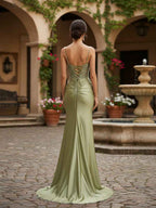 Navy Blue Mermaid Prom Dress With Spaghetti Straps And Beaded Bodice