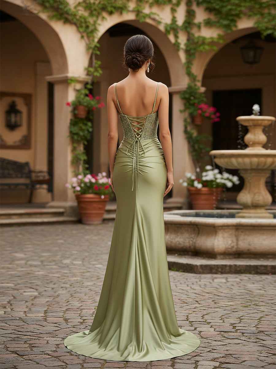 Navy Blue Mermaid Prom Dress With Spaghetti Straps And Beaded Bodice