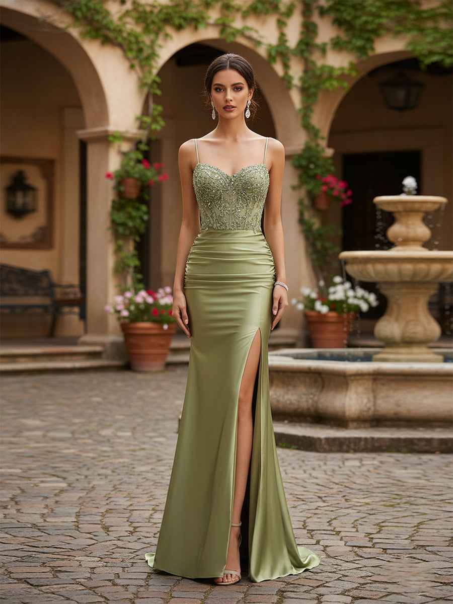 Navy Blue Mermaid Prom Dress With Spaghetti Straps And Beaded Bodice