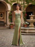 Navy Blue Mermaid Prom Dress With Spaghetti Straps And Beaded Bodice