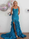 Mermaid Spaghetti Strap Rhinestone Ruffle Blue Prom Dress Slit