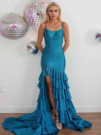 Mermaid Spaghetti Strap Rhinestone Ruffle Blue Prom Dress Slit