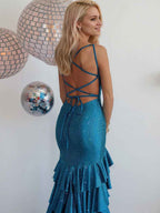 Mermaid Spaghetti Strap Rhinestone Ruffle Blue Prom Dress Slit