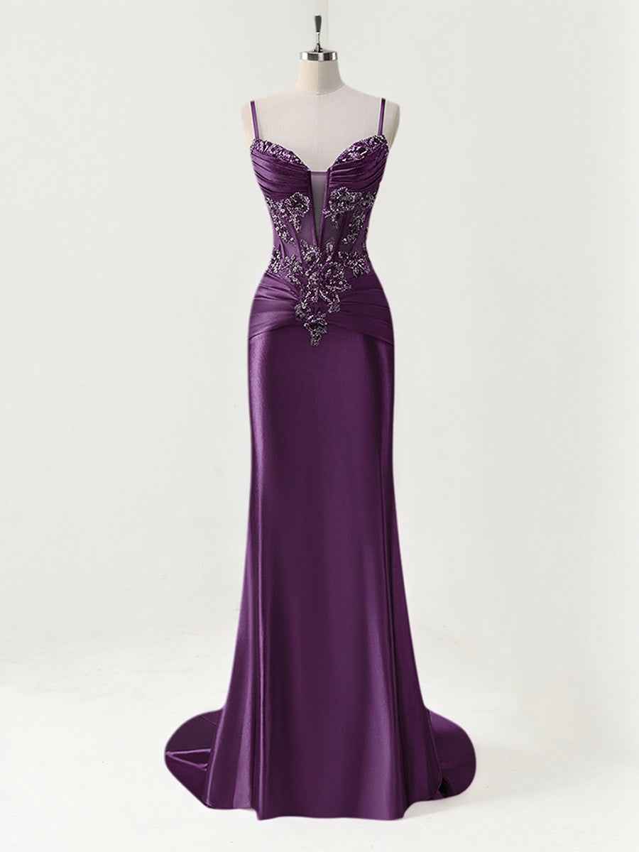 Purple Mermaid Satin Long Prom Dress With Spaghetti Straps And Corset Appliqued