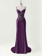 Purple Mermaid Satin Long Prom Dress With Spaghetti Straps And Corset Appliqued