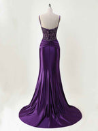 Purple Mermaid Satin Long Prom Dress With Spaghetti Straps And Corset Appliqued