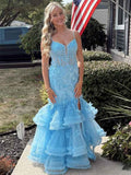Light Blue Mermaid Prom Dress With Spaghetti Straps V Neck Lace Appliques