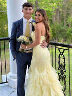 Mermaid Strapless Long Prom Dress With Appliques And Ruffled Hem