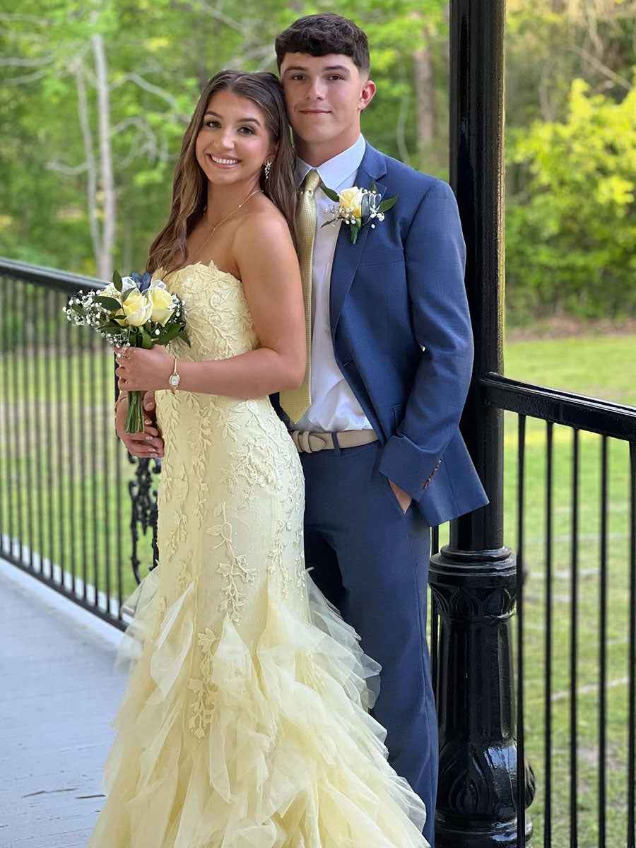 Mermaid Strapless Long Prom Dress With Appliques And Ruffled Hem