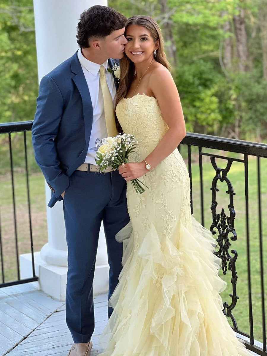 Mermaid Strapless Long Prom Dress With Appliques And Ruffled Hem