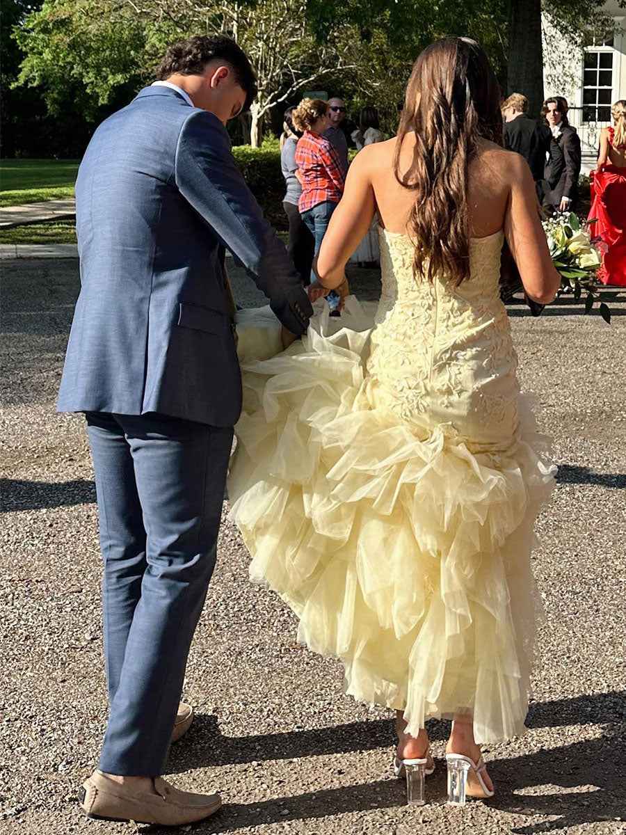 Mermaid Strapless Long Prom Dress With Appliques And Ruffled Hem