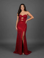 Red Beaded Mermaid Strapless Prom Long Dress With Keyhole Bodice