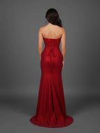 Red Beaded Mermaid Strapless Prom Long Dress With Keyhole Bodice