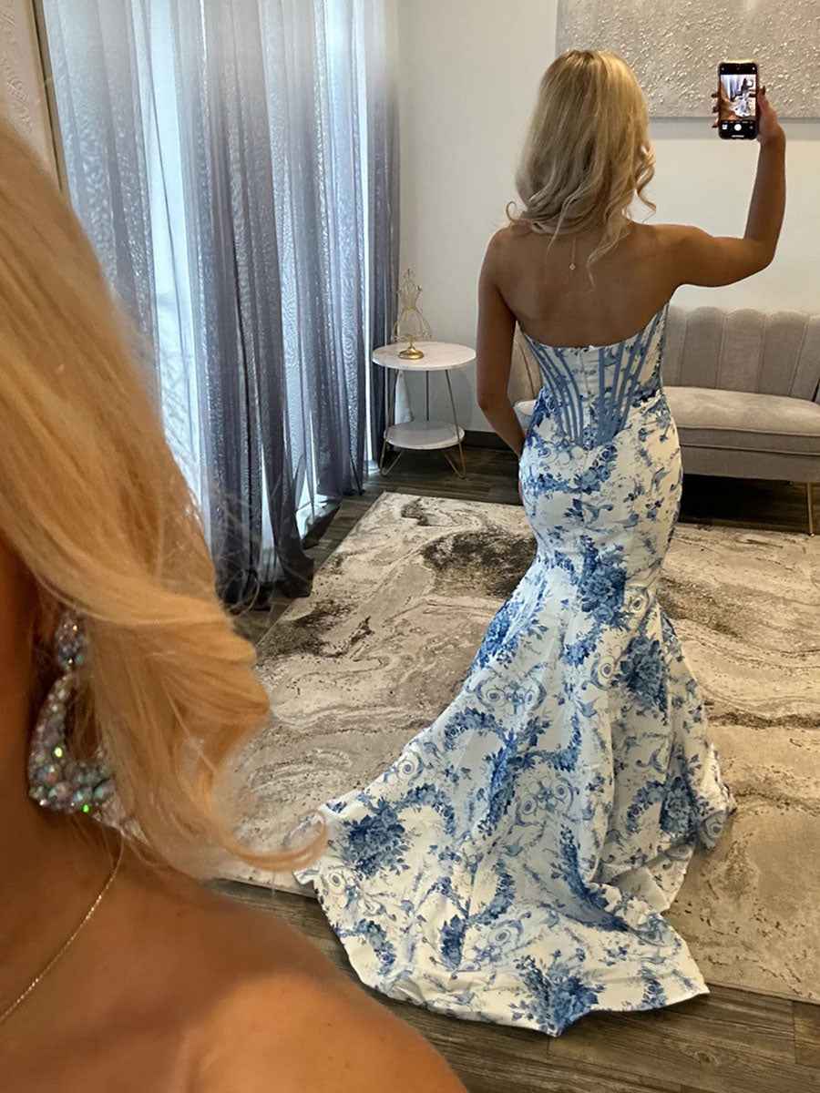 Mermaid Strapless Sweetheart Ruched Blue Bodice Fl Floral Prom Dress