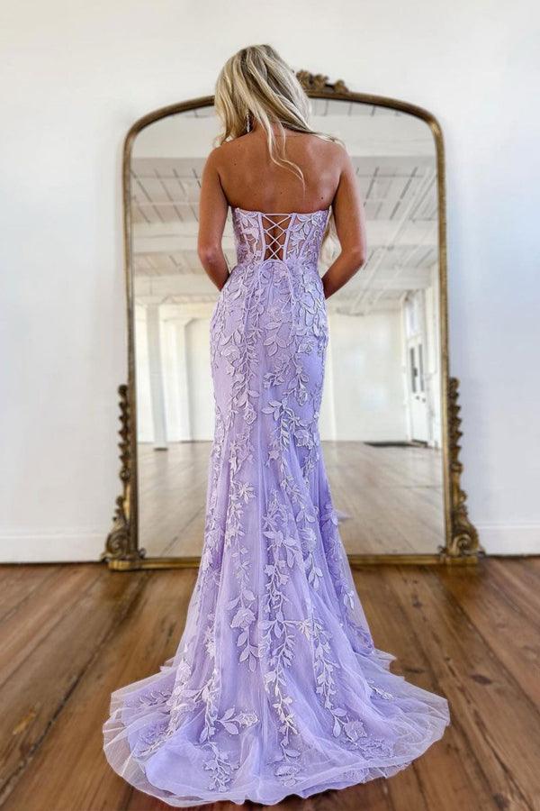 Abito lungo da sera viola con scollo a cuore e pizzo a sirena