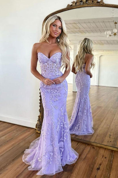 Mermaid Sweetheart Neck Lace Purple Long Prom Dress Formal Dress