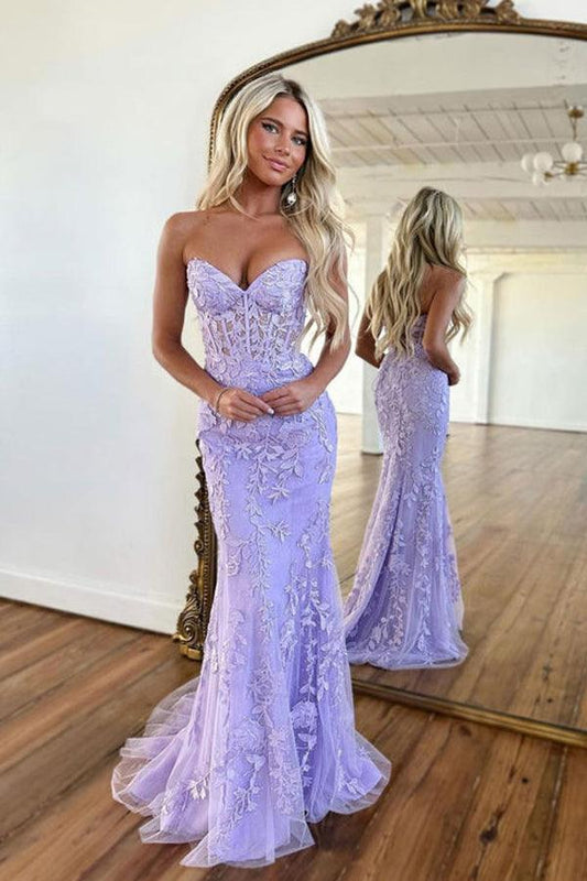 Mermaid Sweetheart Neck Lace Purple Long Prom Dress Formal Dress