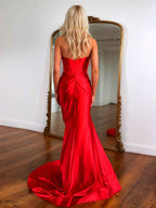 Red Satin Mermaid Prom Dress Strapless Sweetheart With Bowknot
