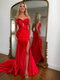 Red Satin Mermaid Prom Dress Strapless Sweetheart With Bowknot