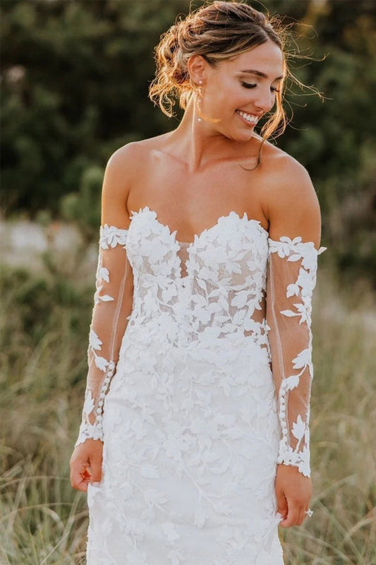 Meerjungfrau-Brautkleid mit Herzausschnitt und Tüllapplikationen und langen Ärmeln
