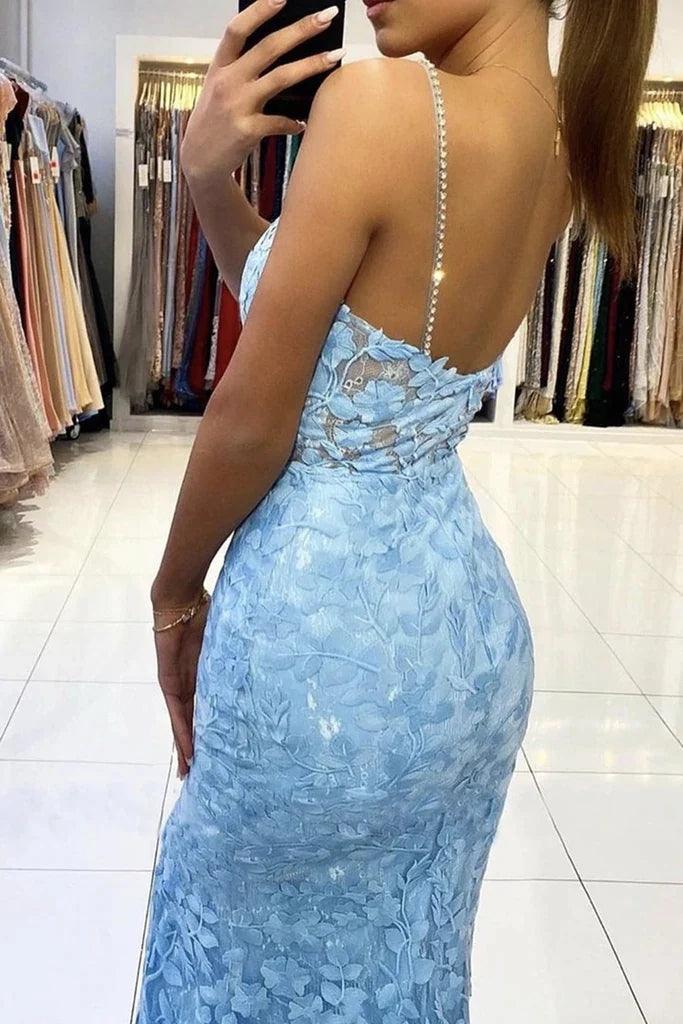 Mermaid V Neck Backless Blue Lace Long Prom Evening Dress