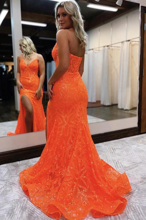 Vestido de fiesta largo naranja con abertura y escote en V y sirena, con purpurina, PSK416