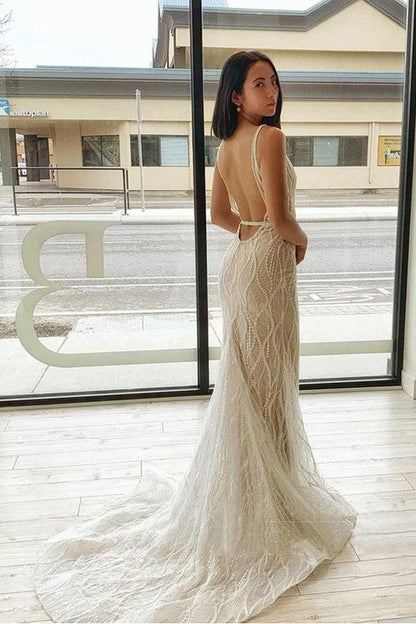 Meerjungfrau V-Ausschnitt Spitze Brautkleider Rückenfreies Brautkleid