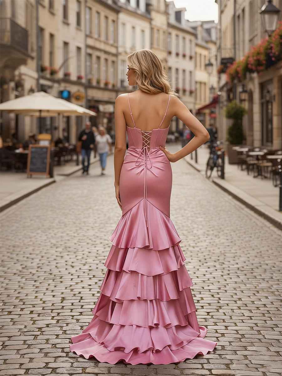 Mermaid Satin V Neck Prom Dress With Ruffle Corset Bodice And Slit
