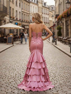 Mermaid Satin V Neck Prom Dress With Ruffle Corset Bodice And Slit