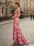 Mermaid Satin V Neck Prom Dress With Ruffle Corset Bodice And Slit