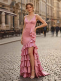 Mermaid Satin V Neck Prom Dress With Ruffle Corset Bodice And Slit