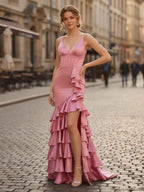 Mermaid Satin V Neck Prom Dress With Ruffle Corset Bodice And Slit