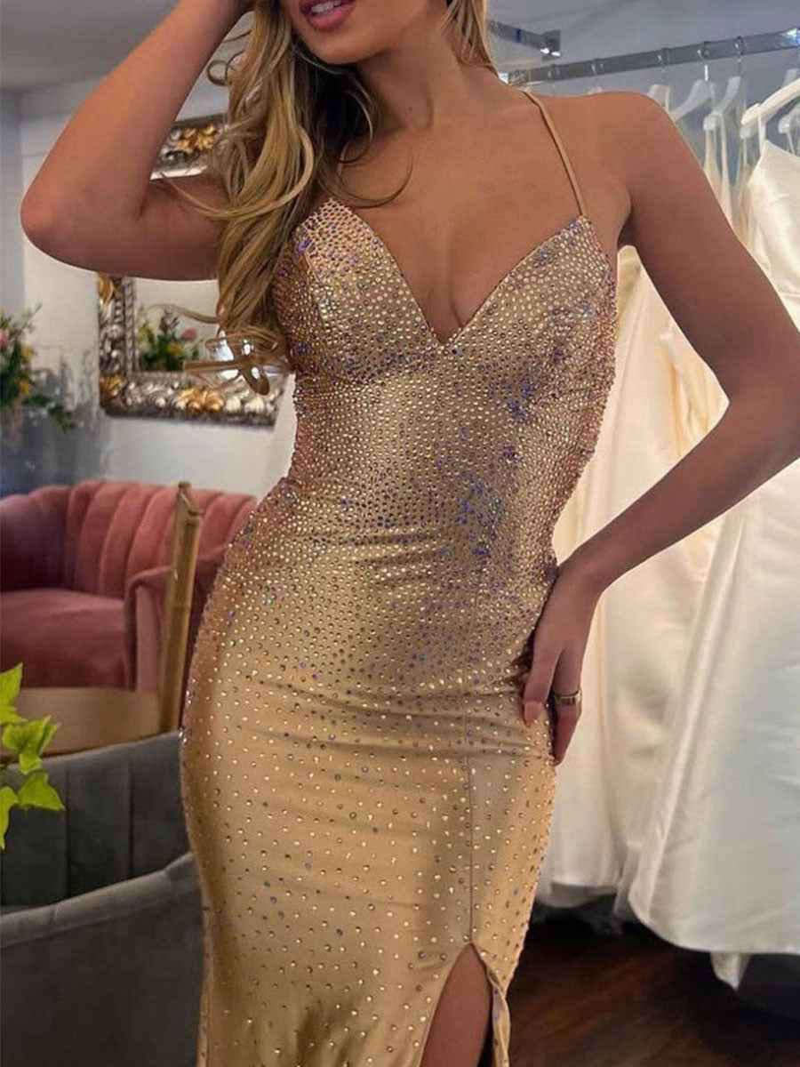 Gold Mermaid V Neck Satin Prom Dress With Slit Rhinestone Embellished