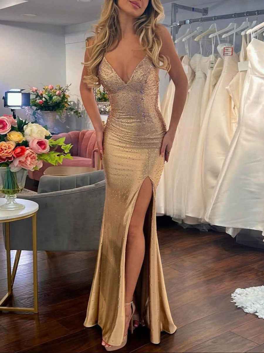 Gold Mermaid V Neck Satin Prom Dress With Slit Rhinestone Embellished
