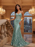 Mermaid V Neck Sheer Corset Long Prom Dress With Glitter Print