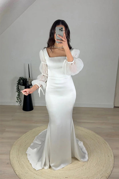 Meerjungfrau-Brautkleid in Weiß mit quadratischem Ausschnitt und langen Ärmeln