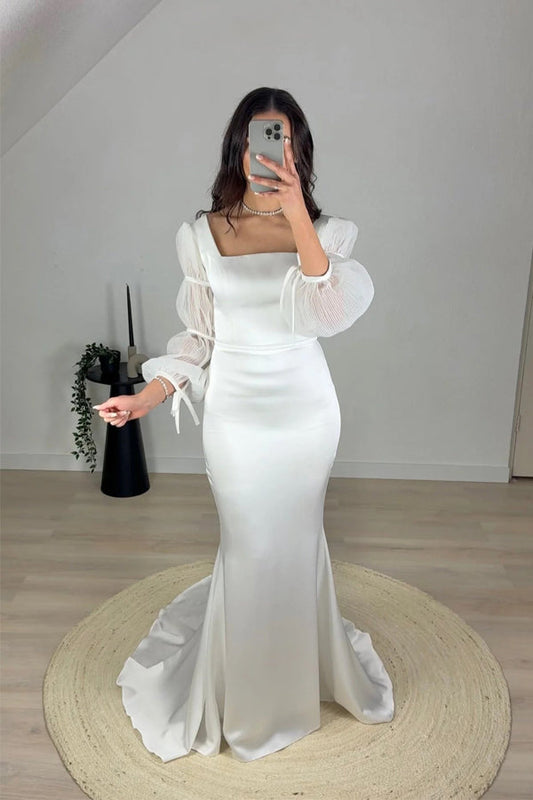Meerjungfrau-Brautkleid in Weiß mit quadratischem Ausschnitt und langen Ärmeln