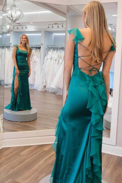 Vestido de fiesta largo verde con tirantes de sirena, escote redondo, plisado y abertura alta