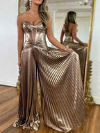 Metallic Bronze Pleated Strapless Corset Long Prom Dress With Slit