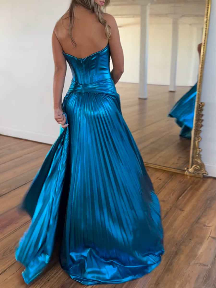 Metallic Bronze Pleated Strapless Corset Long Prom Dress With Slit