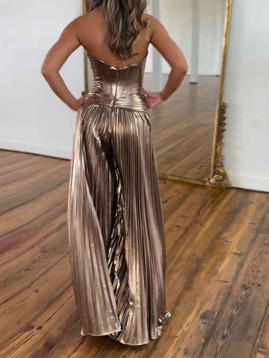 Metallic Bronze Pleated Strapless Corset Long Prom Dress With Slit
