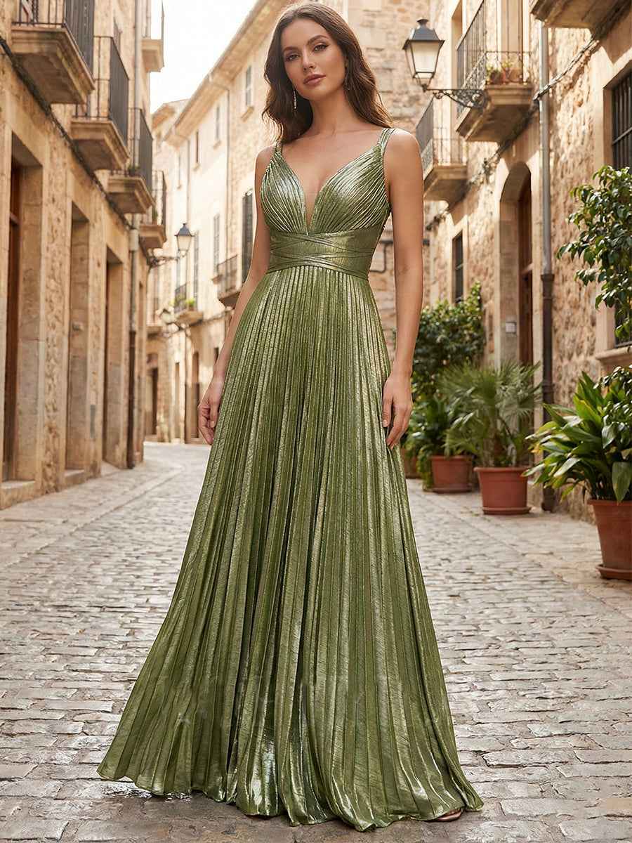 Metallic Olive Green Pleated A Line Long Prom Dress With V Neck
