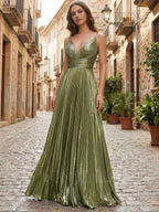 Metallic Olive Green Pleated A Line Long Prom Dress With V Neck