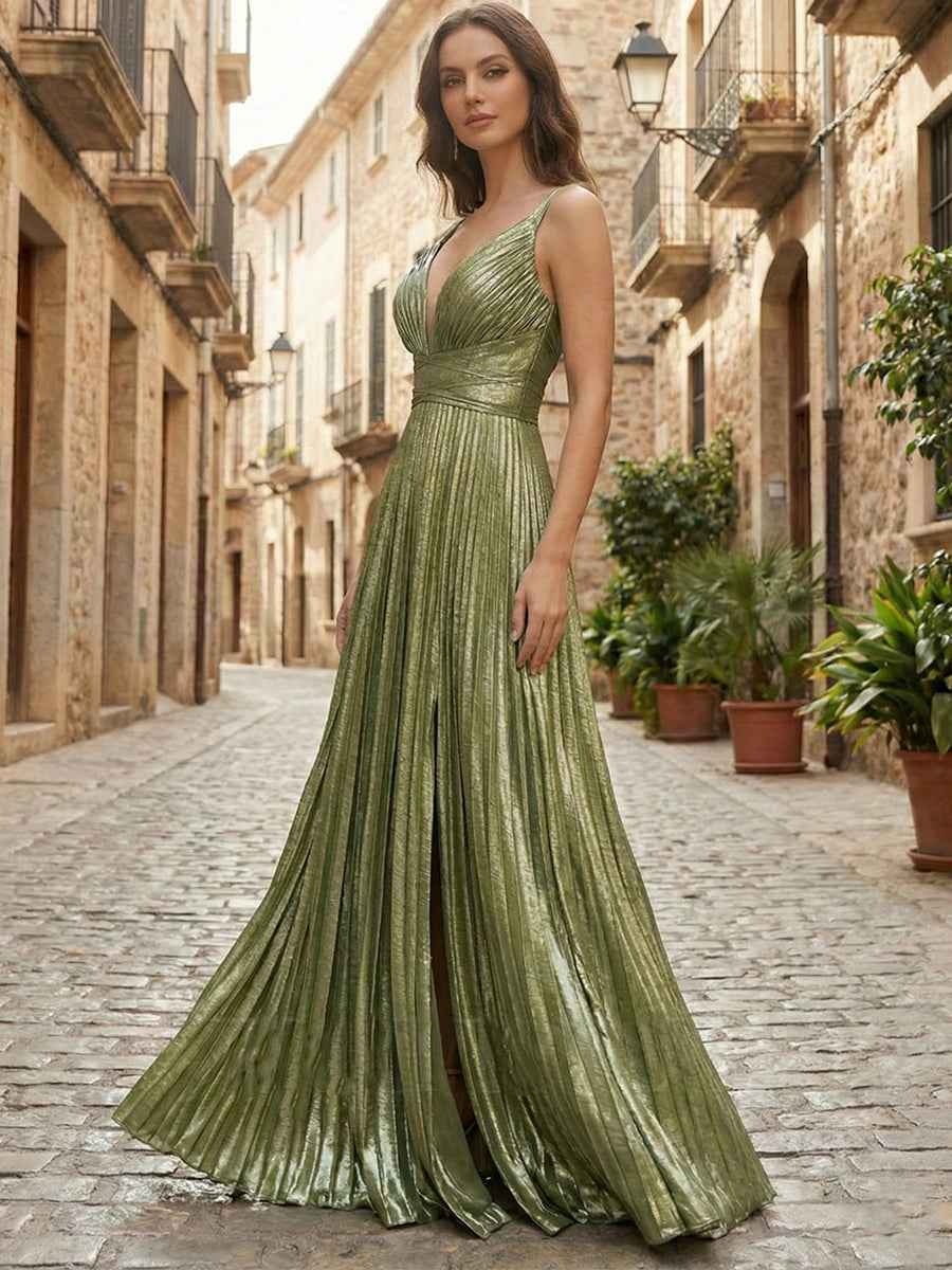 Metallic Olive Green Pleated A Line Long Prom Dress With V Neck